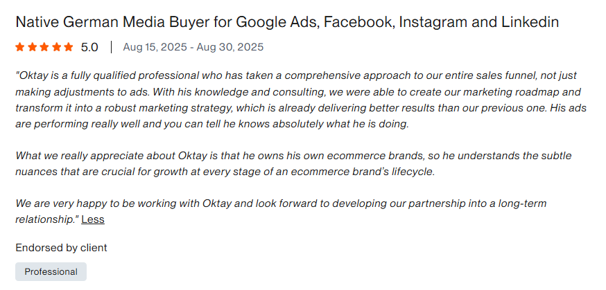 Five-star review praising Oktay's sales funnel and advertising strategy