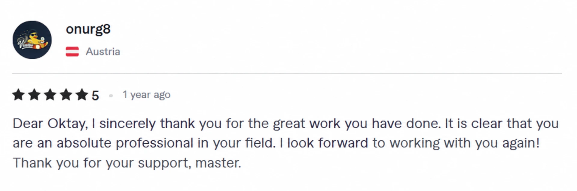 Five-star review from onurg8 thanking Oktay for his work